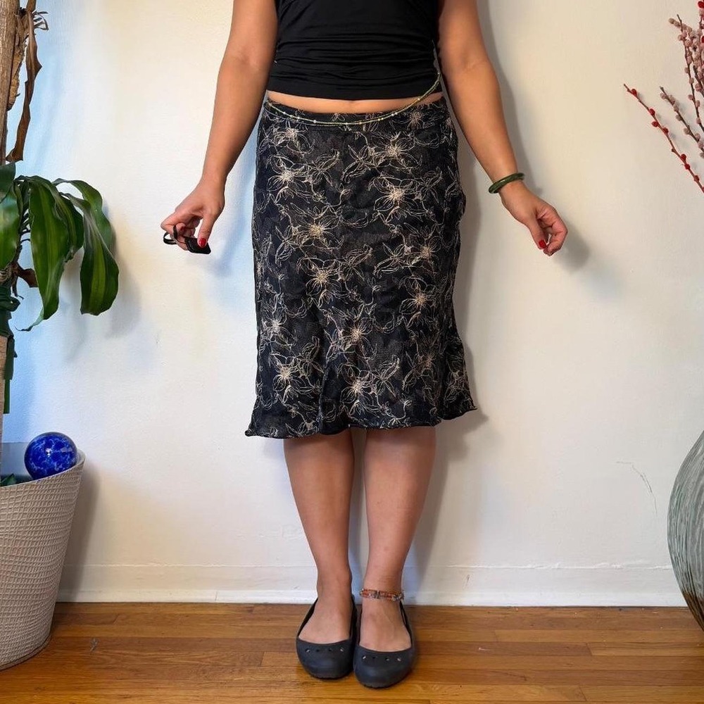 Valerie Stevens Black Floral Linen Silk Midi Skirt 14P Fairygrunge Low Rise